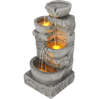 LED 4 Cascading Bowls and Stacked Stones Outdoor Water Fountain, 33.25 in