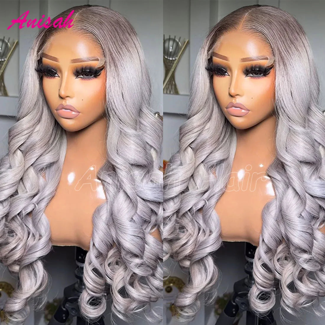 Silver Grey Vietnamese Lace Closure Human Hair Loose Wave Ombre Colored Transparent Lace Front Pre-Plucked Wig