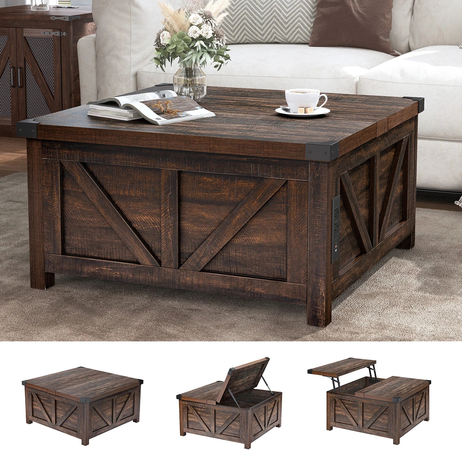 Farmhouse Lift Top Coffee Table with Hidden Space and Charging Station, Brown