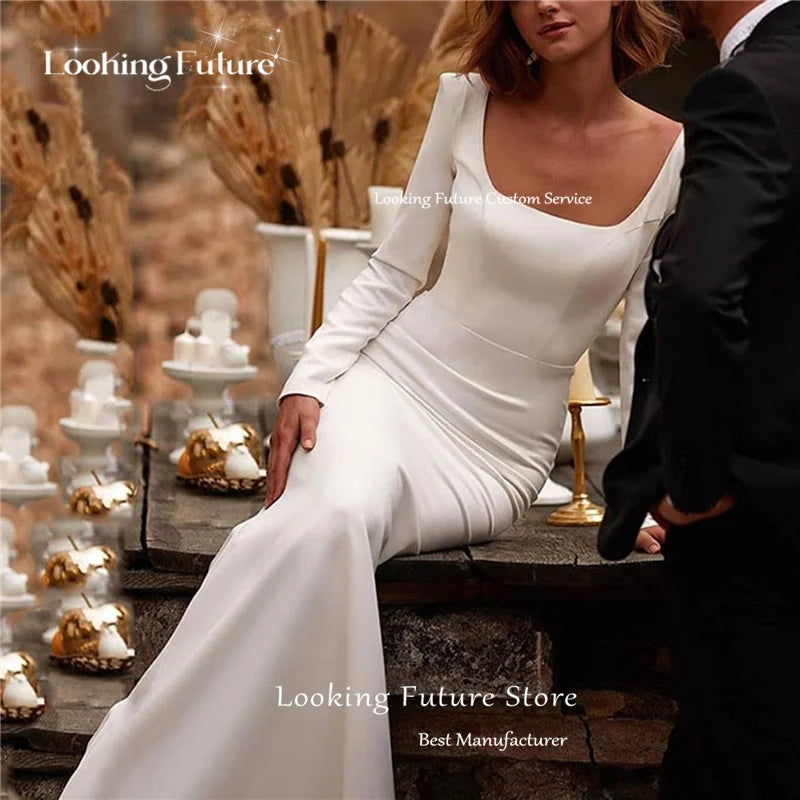 Sexy Mermaid White Satin Backless Zipper Pleat Long Sleeve Bridal Gown with Square Collar Court Train