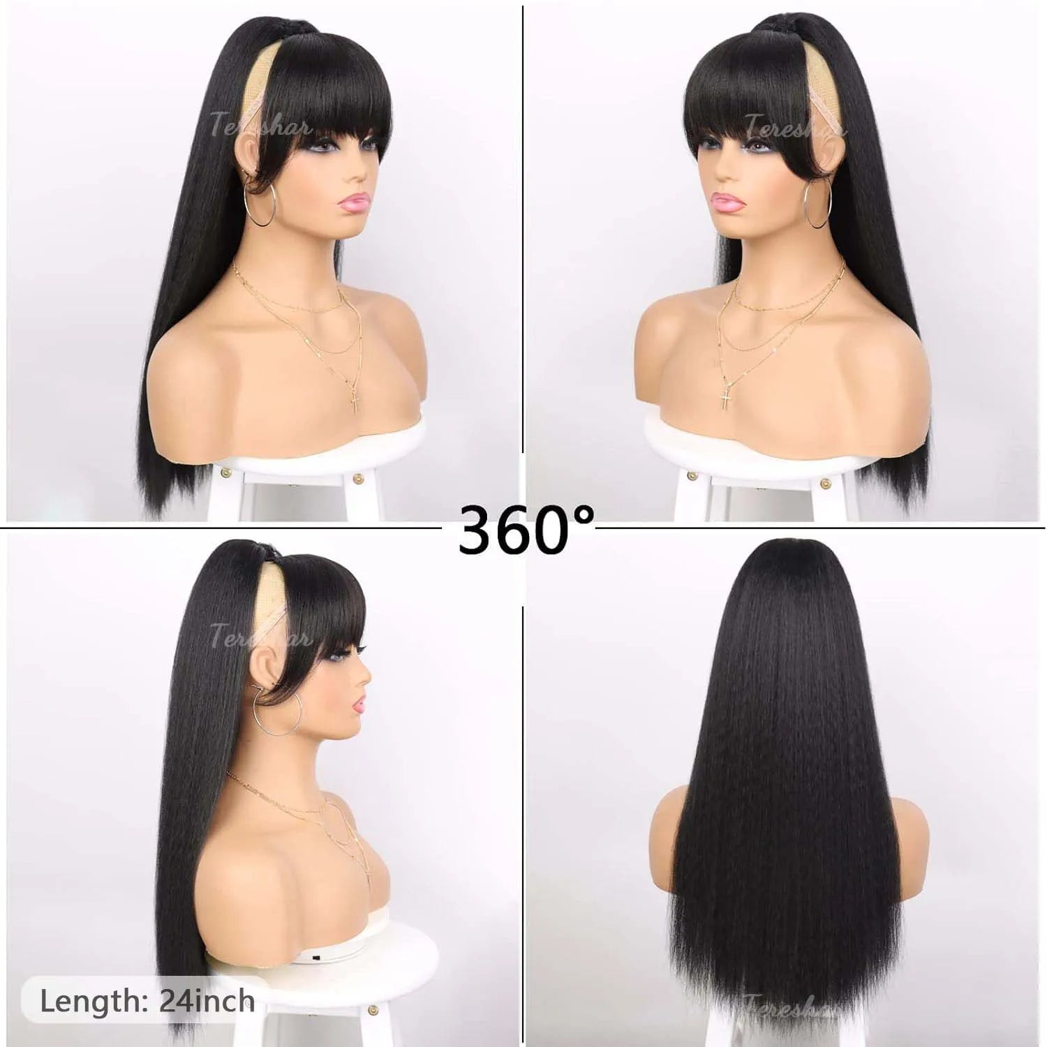 Synthetic Yaki Drawstring Ponytail Extension with Bangs Long Yaki Straight Clip in Ponytails Extension Hairpiece for Daily Use
