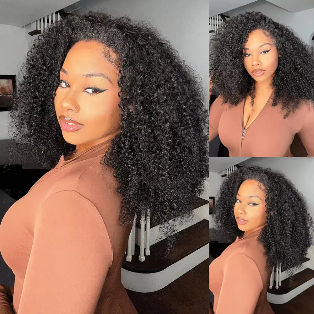 3 In 1 Human Hair Half Wig Drawstring Clip In Kinky Curly Headband Machine Wig Natural Color Seamless Natural Looking For Women