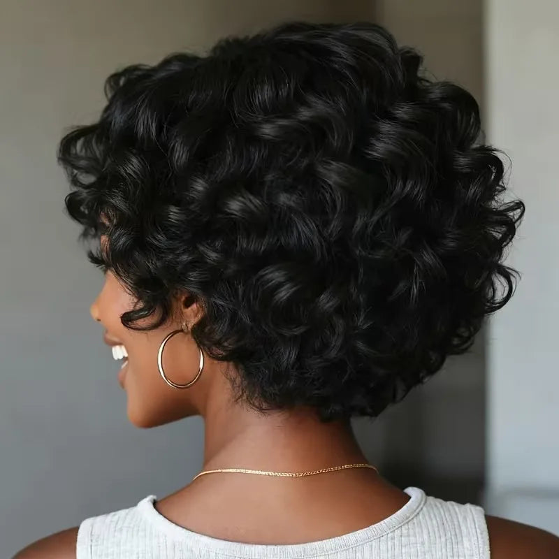 10Inch Curly Bob Pixie Wigs Human Hair 100% Natural Realistic Tangle Free Full Machine Made For Women Black Wig With Bangs