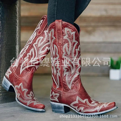Embroidery Cowboy Boots For Women Knee High Med Calf Vintage Western Cowgirl Boots Women