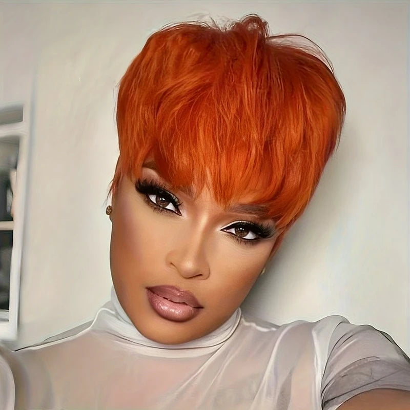 Straight Human Hair Pixie Cut Wig For Women Full Machine Made Human Hair Wig 150% Density 6Inch