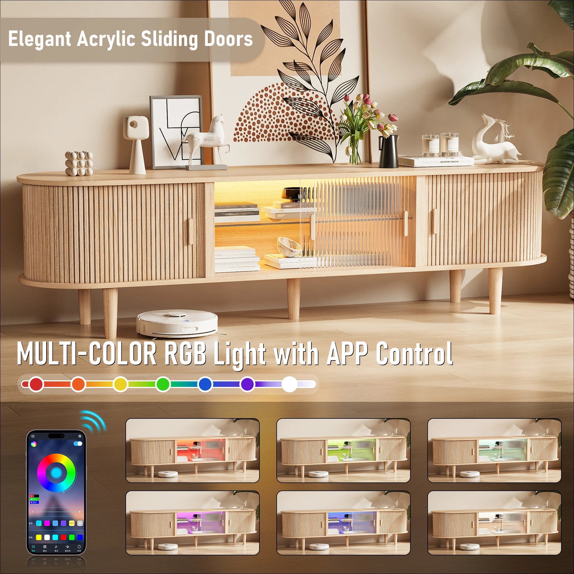 70" TV Stand with RGB LED Lights, Mid Century Modern Acrylic Sliding Doors & Ample Storage