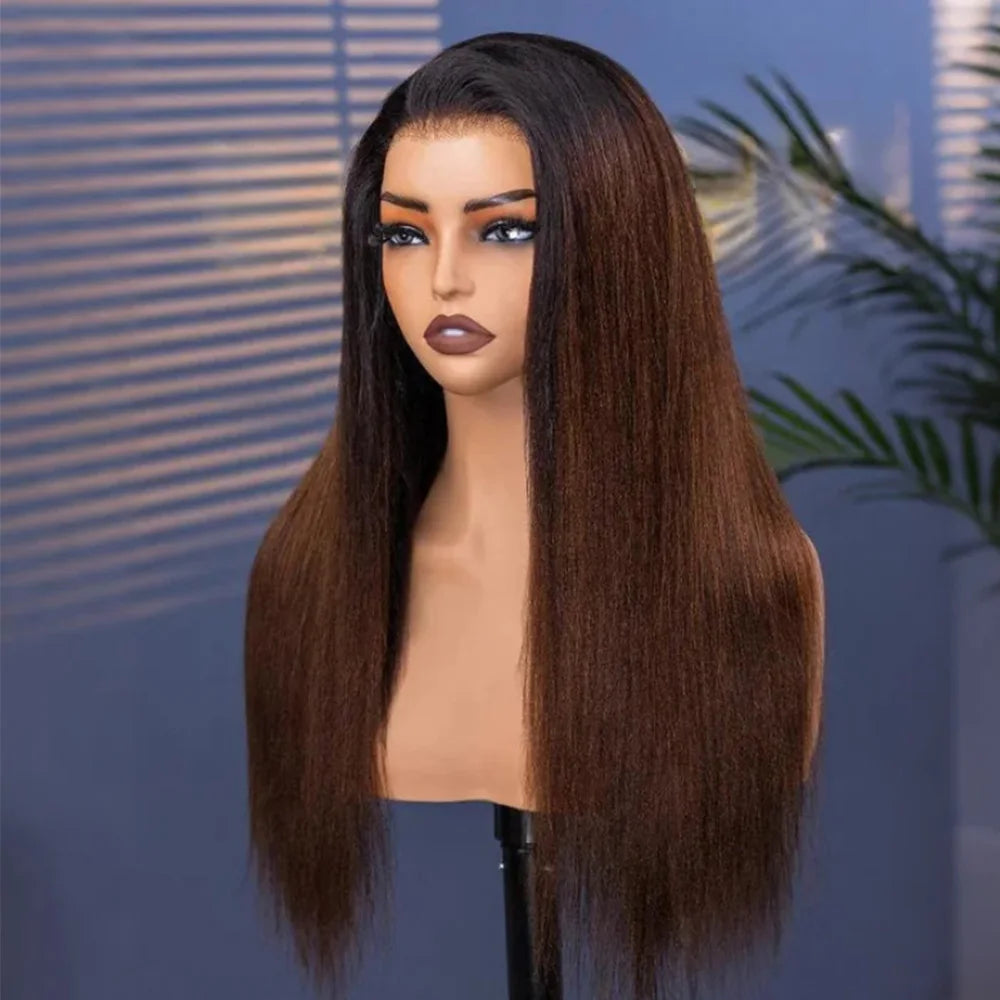 Ombre Brown Human Hair Wigs Drawstring Band Wear Go Wig Invisible Hairline Half Wigs 3 in 1 Yaki Straight Human Hair Wigs 250%
