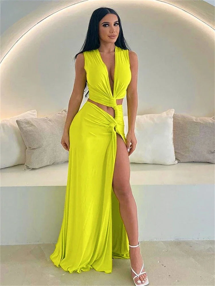 Leosoxs Summer Holiday Beach Maxi Dress Sexy Hollow Out Twist Knot High Split Dress Chic Sleeveless Deep V Female Long Vestidos