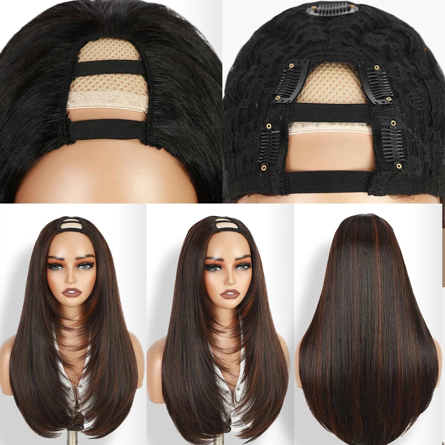 Highlight Brown U Part Wigs for Black Women Straight V Part Wig Half Wig | 24 Inch Yaki Straight Synthetic Wig Glueless