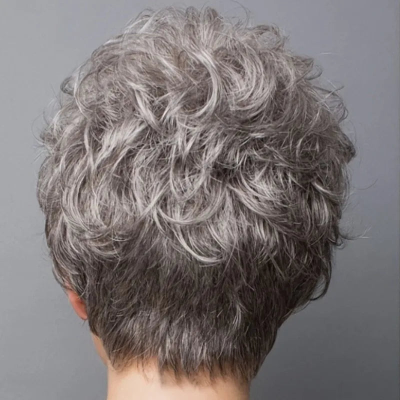 Gray natural curly chemical fiber synthetic wig, suitable for women's daily style, and as a wig accessory for holiday parties.