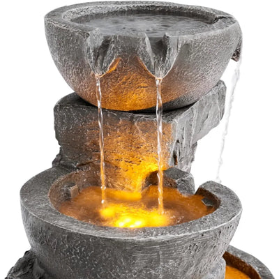 LED 4 Cascading Bowls and Stacked Stones Outdoor Water Fountain, 33.25 in