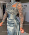 Sexy Glitter Beads Long Sleeve Side Split Formal Satin Party Prom Gowns