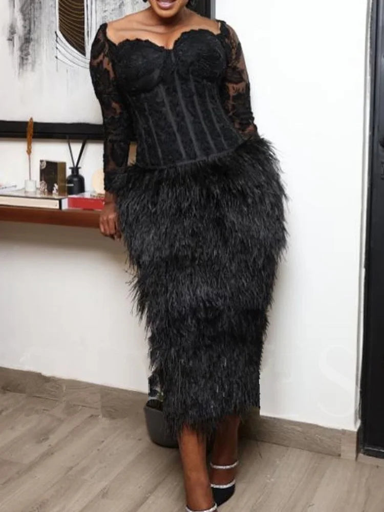 Black Faux Fur Midi Long Sleeve Sweetheart-Neck Off Shoulder Bodycon Corset Dress