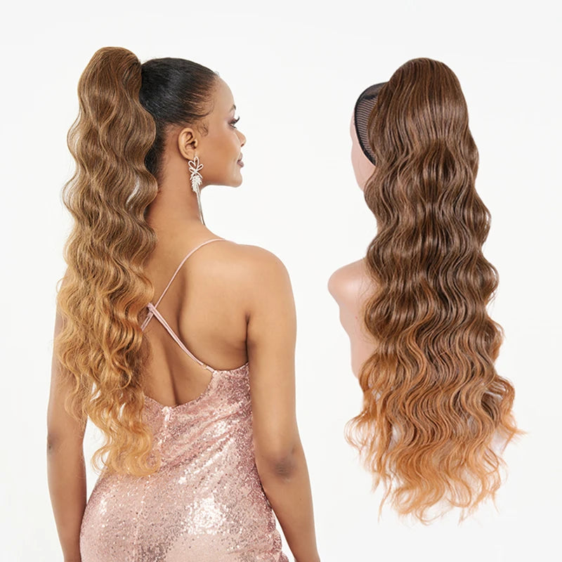 Kanekalon Ponytail Synthetic Long Curly Drawstring Ponytail Clip In Hair Extensions For Black Women Blonde Black Heat Resistant
