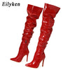 Eilyken Over The Knee Boots High Heels Patent Leather Solid Pointed Toe Stiletto Side Zipper