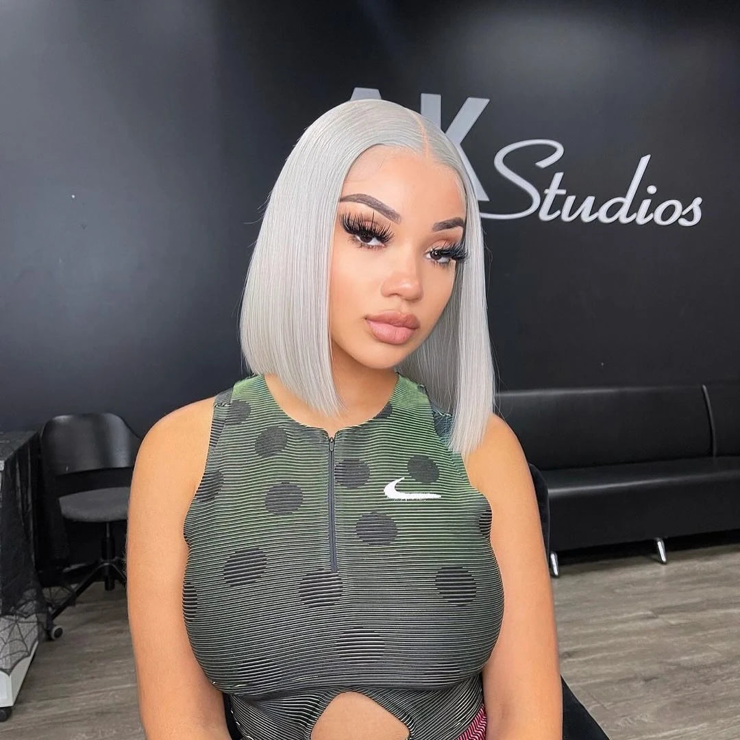 Silver Grey Short Bob Wig with Transparent Lace Front 13x4 Human Hair for Black Women Brazilian Style Straight Bob Wigs