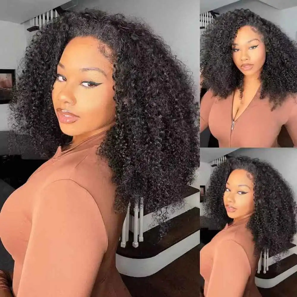 250 High Density Afro Kink Curly Half Wig Human Hair Breathable Machine Made 3In1 Deep Curly Clip In Hairpiece UpgradeHalf Wigs