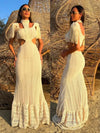 Sexy White Lace Women's Dress Turtleneck Tassel Sleeve Slim Naked Waist