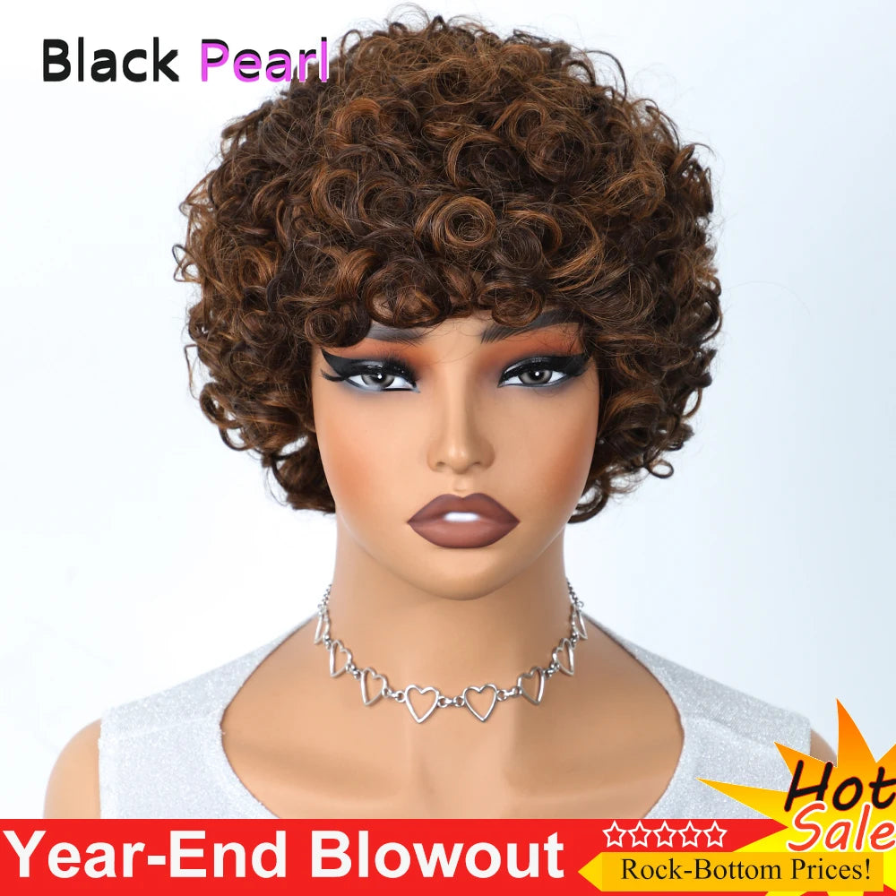 Fluffy Afro Kinky Curly Human Hair Pixie Cut Wig Glueless Bouncy Short Bob with Bangs Natural Black Women Rose Curly Funmi