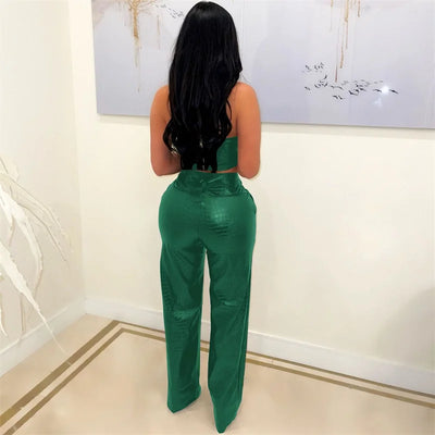 PU Leather 2 Piece Sets Women Outfit Sleeveless Tube Strapless Crop Top and Wide Leg Pants Suit Birthday Night Club Outfits