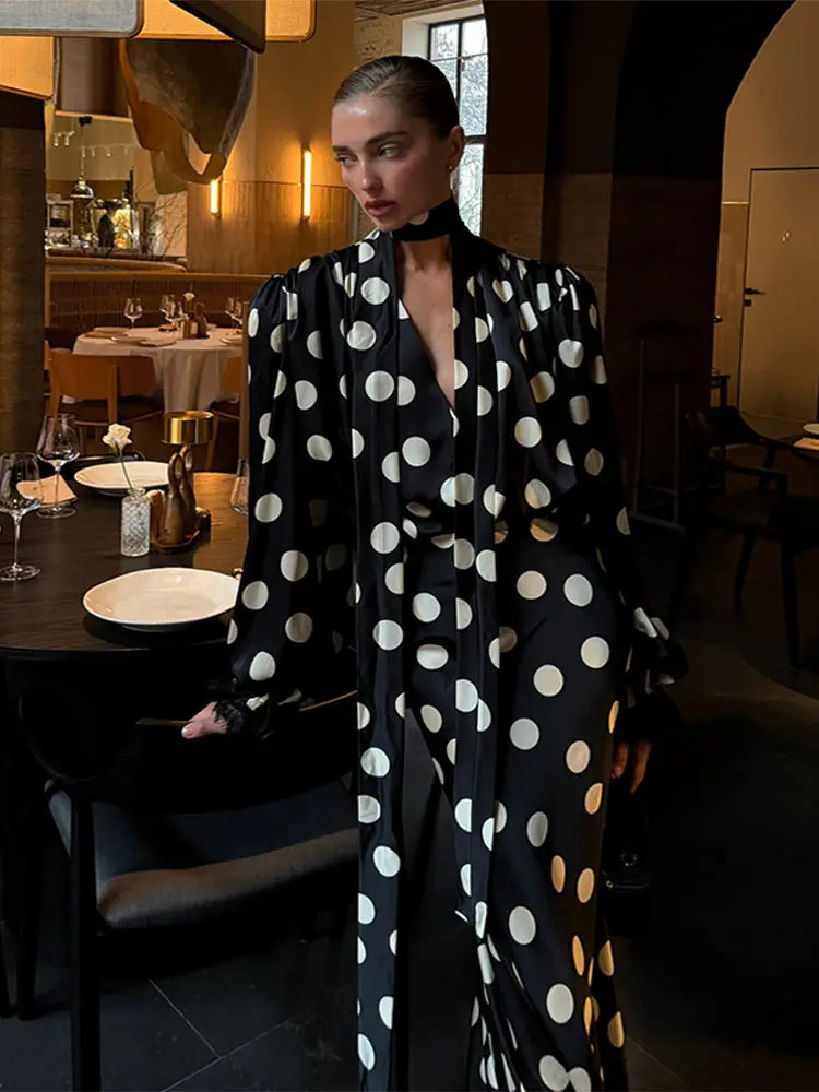 Sexy Polka Dot Satin Women Top Skirt Suit Party V-Neck Tie Neck Shirt High Waist Skirts 2026 Spring Summer Female 2 Pieces Set