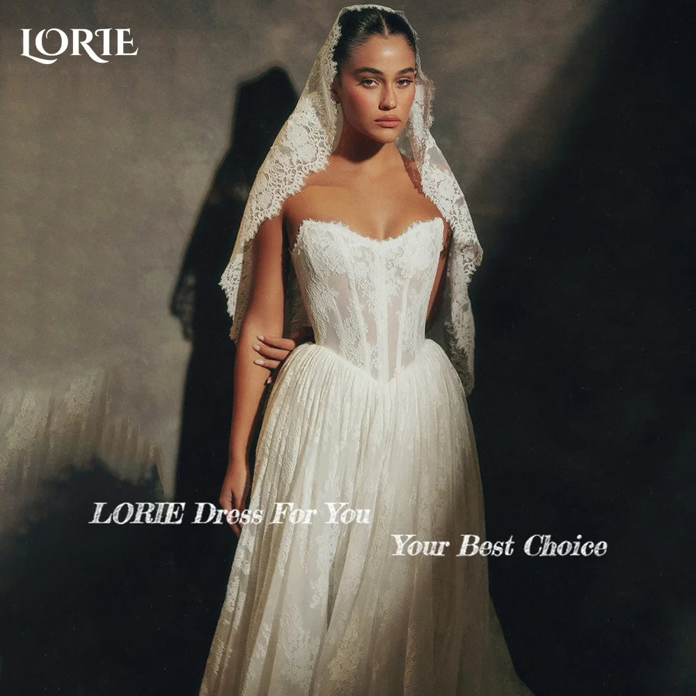 LORIE Vintage Lace Wedding Dress A-Line Strapless Appliques Princess Bridal Gown V Corset 3D Flower Ball Bride Gown Customized