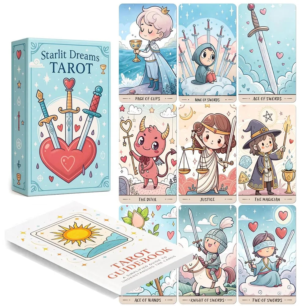Starlit Dreams Tarot Cards Set, 78 Pieces, 13x8 Cm, Includes Beginner Oracle Cards & Paper Instructions, Fantasy Artwork Card