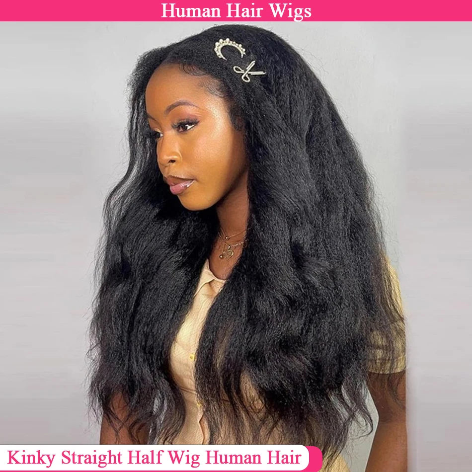250 Density Kinky Straight Half Wigs Human Hair Flip Over Gluless 3 In 1 Half Wig With Drawstring 40 Inch Wear And Go For Women