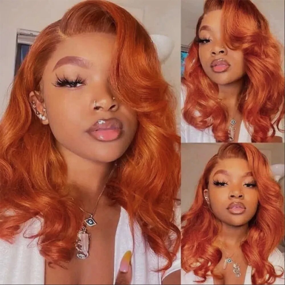 RONGDUOYI Short Body Wave Orange Ginger Bob Synthetic Lace Front Wig Middle  Part