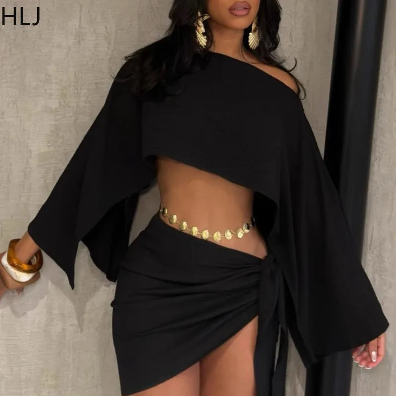 HLJ Elegant Off Shoulder Two Piece Outfit with Flared Sleeve Loose Crop Top and Skirt