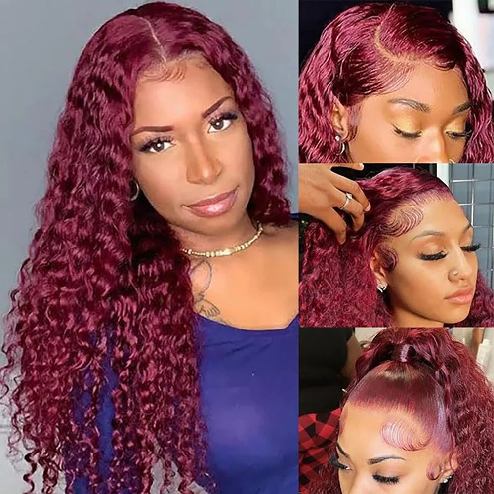 Deep Wave #99J Burgundy 13x6 HD Lace Frontal Wig Human Hair 13x4 Curly Transparent Lace Front Wig Brazilian Human Hair Wig