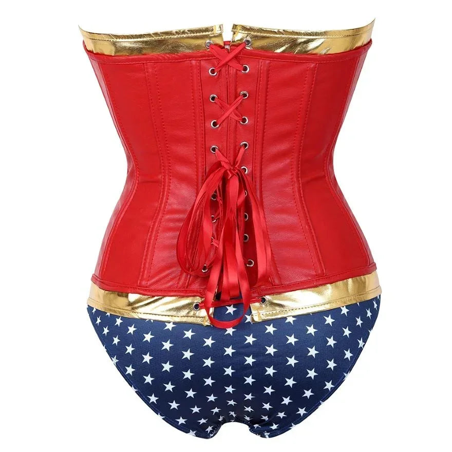 Faux Leather Steampunk Corset Top for Women with Shorts Lace up Ovebust Bustier Halloween Superhero Plus Size Costume