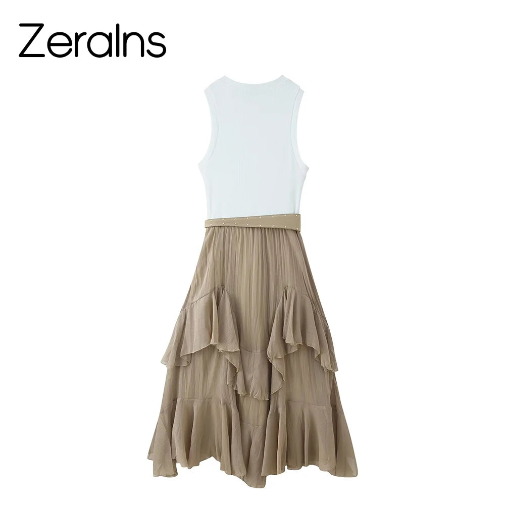 ZERAINS Women's Spring/Summer New Product Versatile Sleeveless Round Neck with Belt Stacked Splicing Tank Top Dress