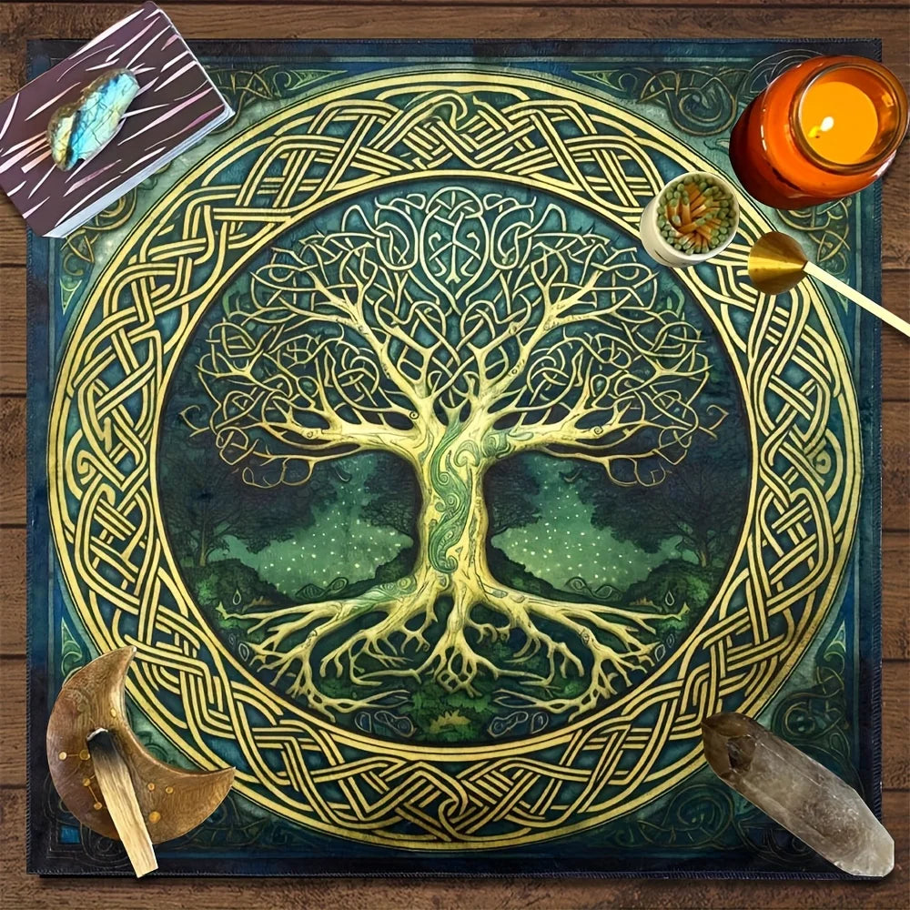 Tree of Life Tarot Tablecloth - Lunar Phases & Sun God Altar Design for Witchcraft, Tarot, Dorm Decor