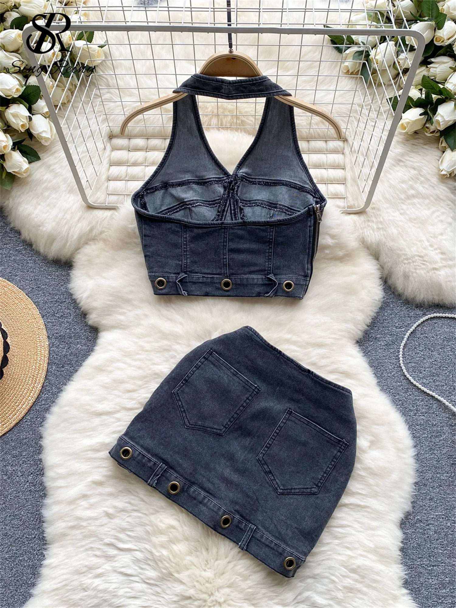 SR.Singreiny Y2K Denim Halter Top & Pleated Mini Skirt Set