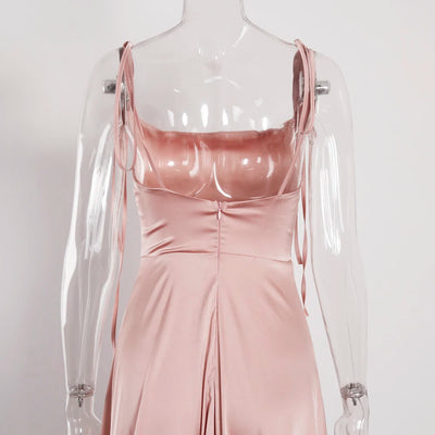 A-Line Sleeveless Side Split Backless Satin Floor Length Maxi Dress