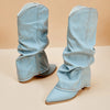 Pleated Block Heels Denim Boots Cowboy Boots