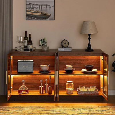 Sideboard Buffet Cabinet, Mixed Color with LED Lights, Modern Glass Doors