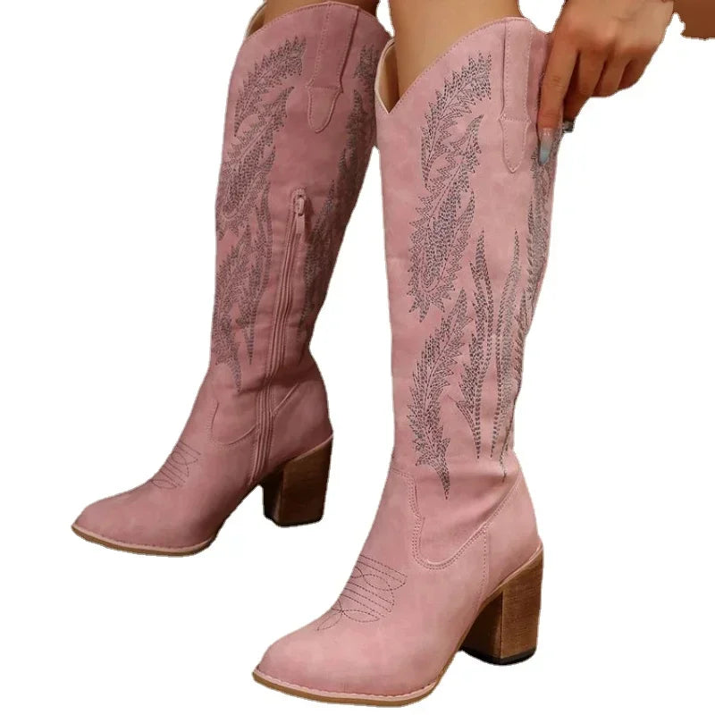 Thick Chunky Heels Western Knee-High Cowboy Boots