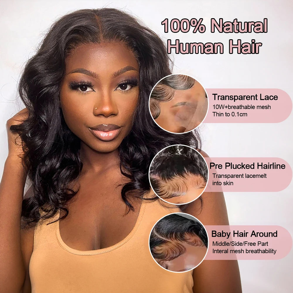 Glueless Bob Wig Natural Body Wave Brazilian Human Hair 13x4 13x6 HD Lace Front Wear Go Ready To Wear Short Bob For Black Women