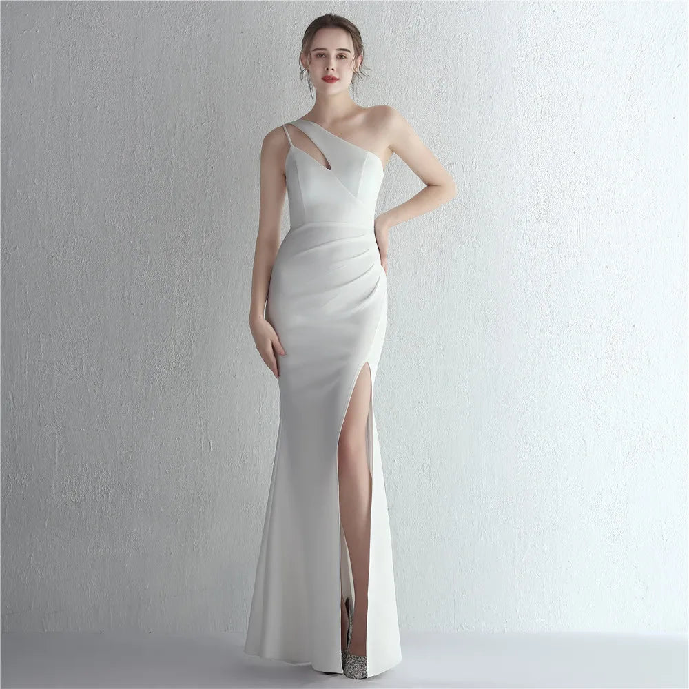 YIDINGZS Long Soft Satin Sexy Slit Slash Neck Maxi Dress