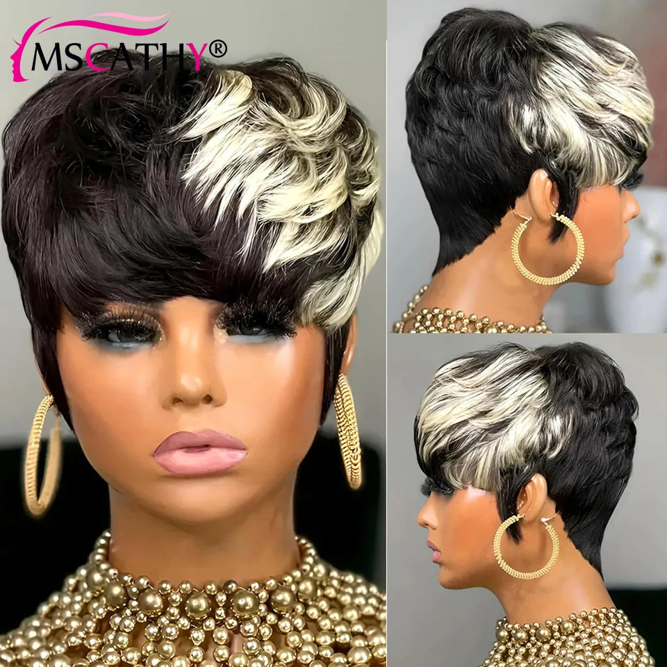 99J Glueless Pixie Cut Wig With Bangs Platinum Blonde Highlight Colored Ready to Go Wigs