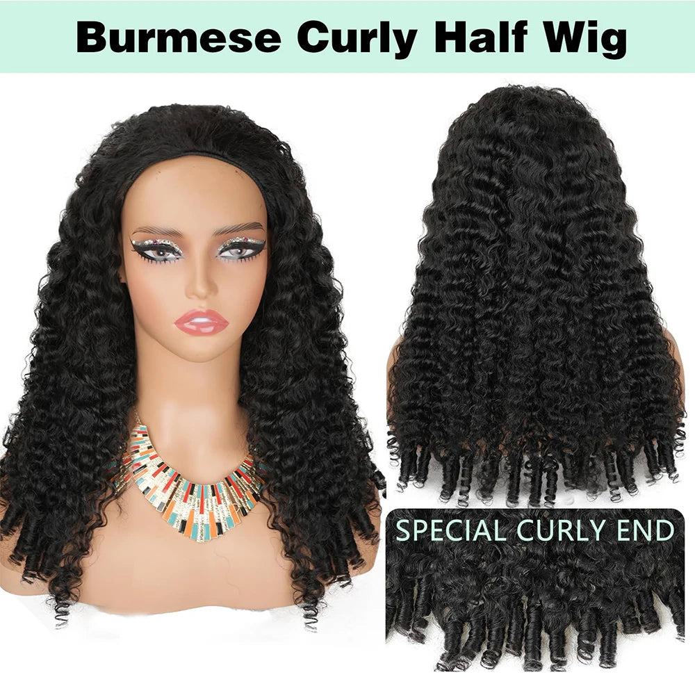 Burmese Curly Half Wig Human Hair Glueless Wig Human Hair Ready to Wear 3 IN 1 Half Wig Drawstring Burmese Curly Hair Half Wig