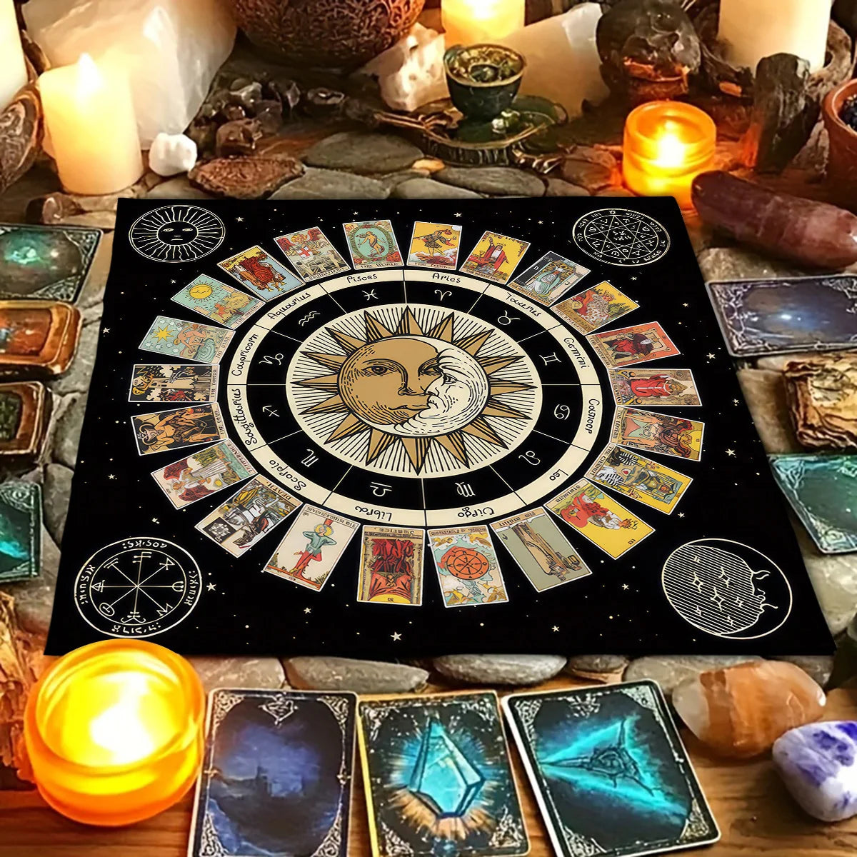 Sun & Moon Tarot Cards Tablecloth Tarot Reading Cloth Moon Phase Changes Altar Cloth for Tarot Enthusiasts Use Divination Decor
