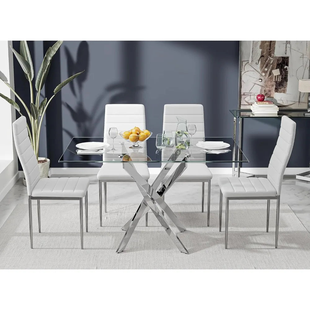 5-Piece Glass Top Dining Table Set with 4 Upholstered Chairs