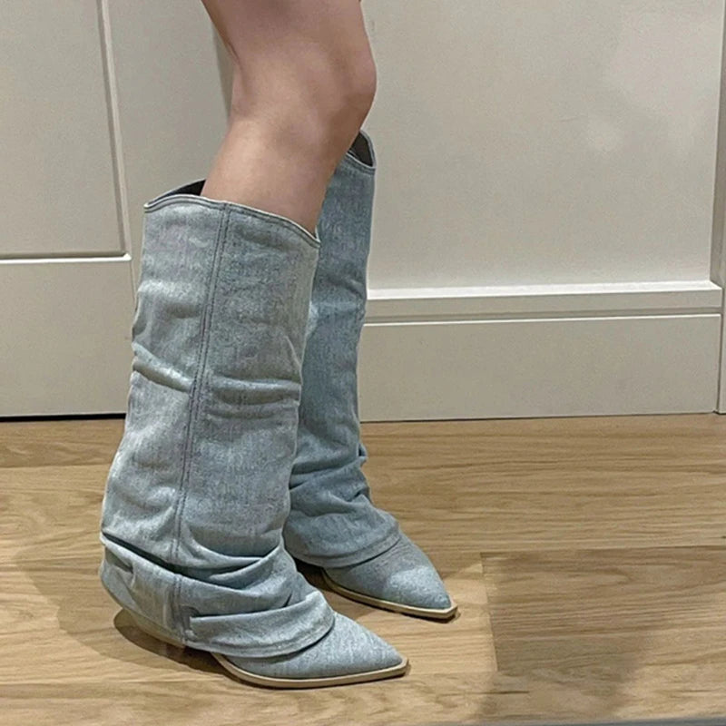 Pleated Blue Denim Thigh High Cowboy Boots