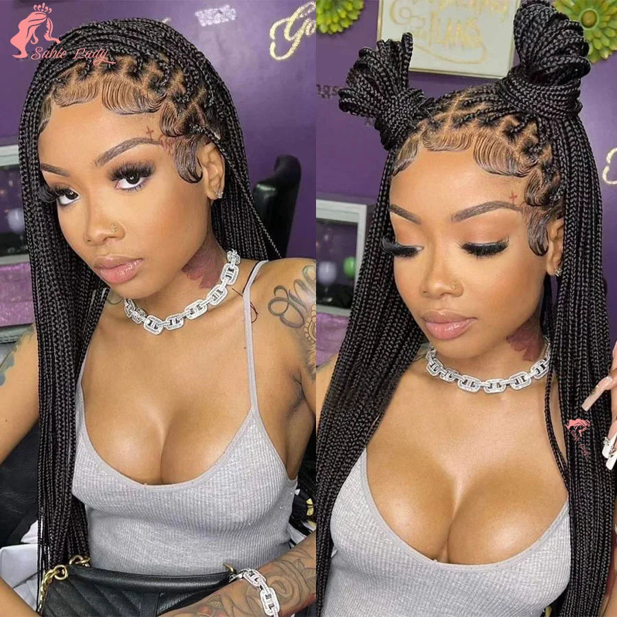 Full Lace Synthetic Afro Cornrow Braided Wigs Knotless Box Braids Wig For Black Women 36 Inches Goddess Handmade Braiding Wig