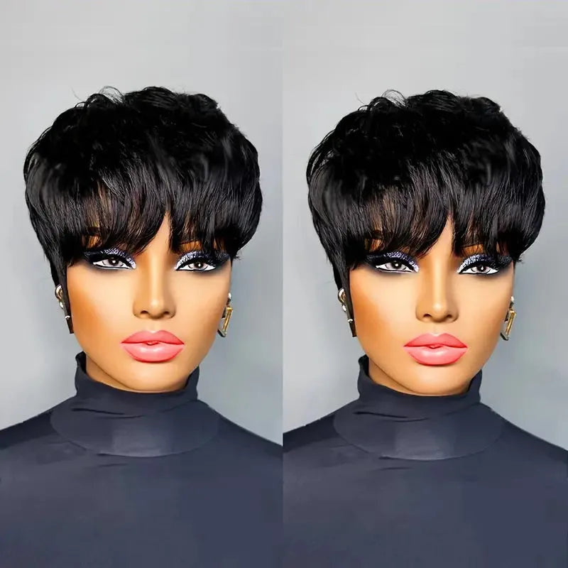 Pixie Cut Human Hair Short Wig with Layered Bangs