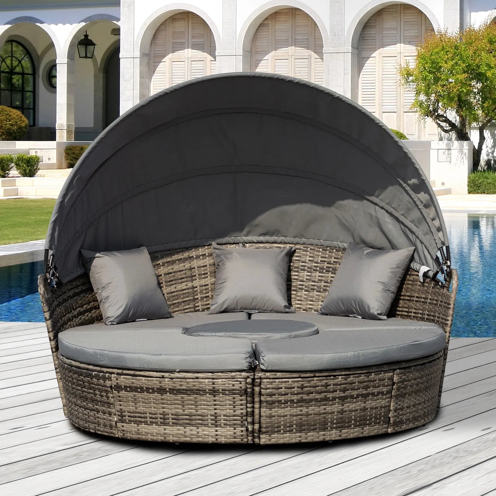 Outdoor Round Convertible Daybed, 4Pc Set with Coffee Table
