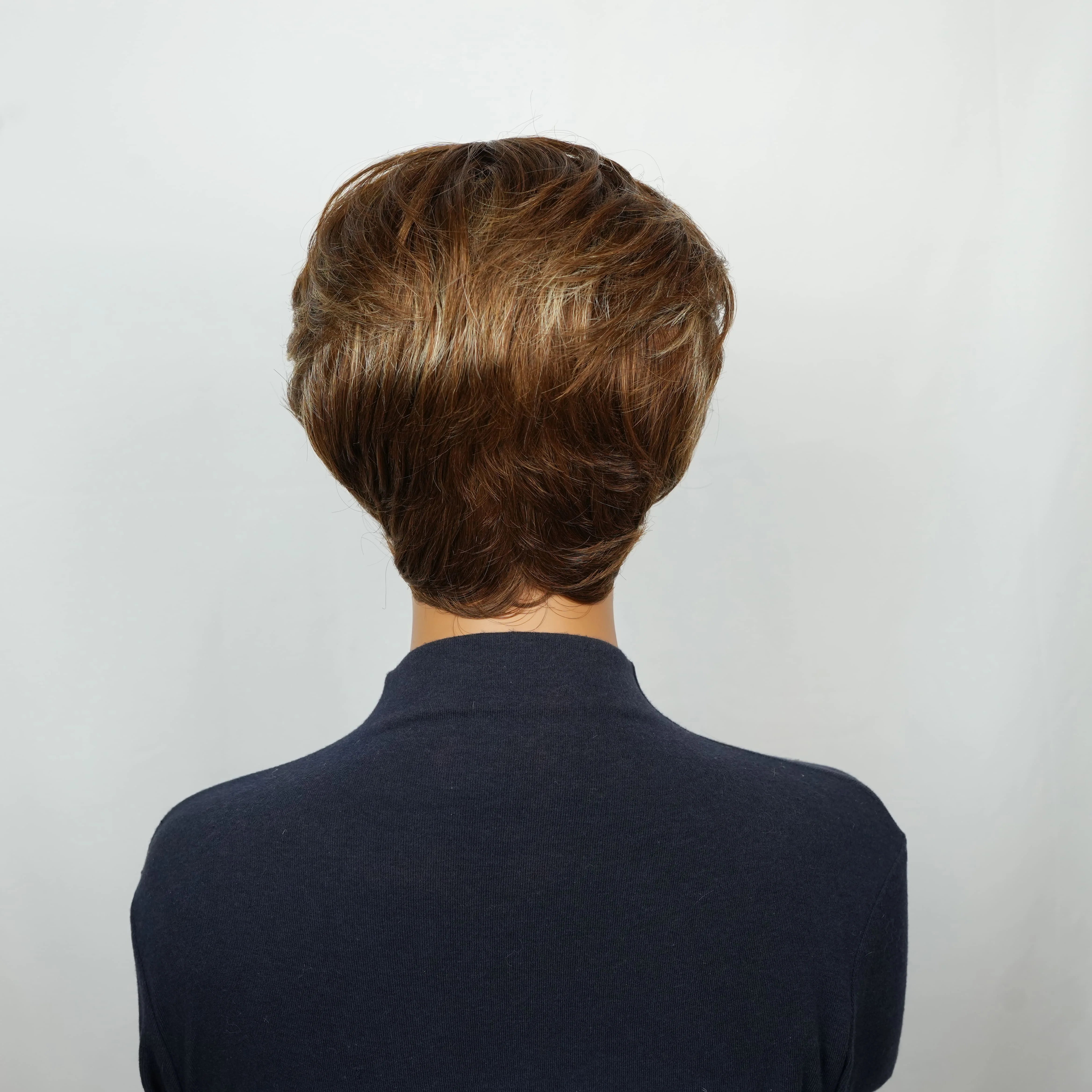 Brown Blonde Short Straight Human Hair Wig Pixie Cut Wig with Pre Plucked Bangs for Women Layered Bazilian Hair Machine Made Cap